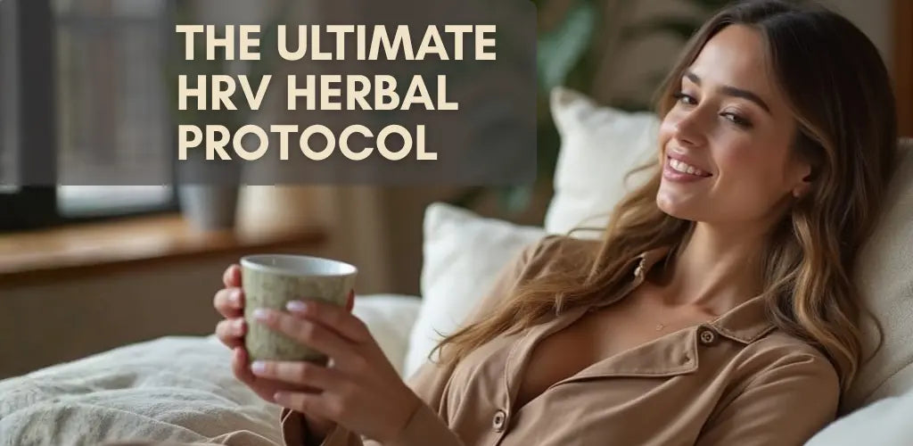 Smiling woman relaxing with a mug of herbal tea at home; banner text reads “The Ultimate HRV Herbal Protocol,” highlighting heart-rate variability support.