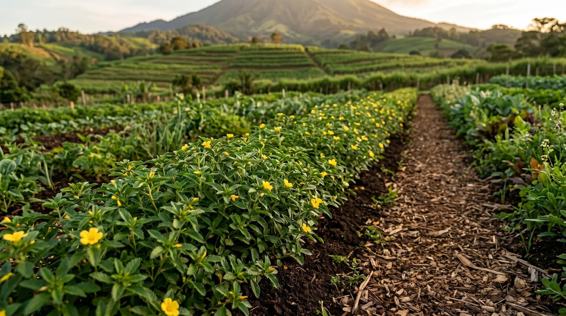 Rows of thriving damiana plants blooming with small yellow flowers on a regenerative farm, featuring a mulched path and a mountain landscape in the golden hour light.