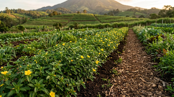 Rows of thriving damiana plants blooming with small yellow flowers on a regenerative farm, featuring a mulched path and a mountain landscape in the golden hour light.
