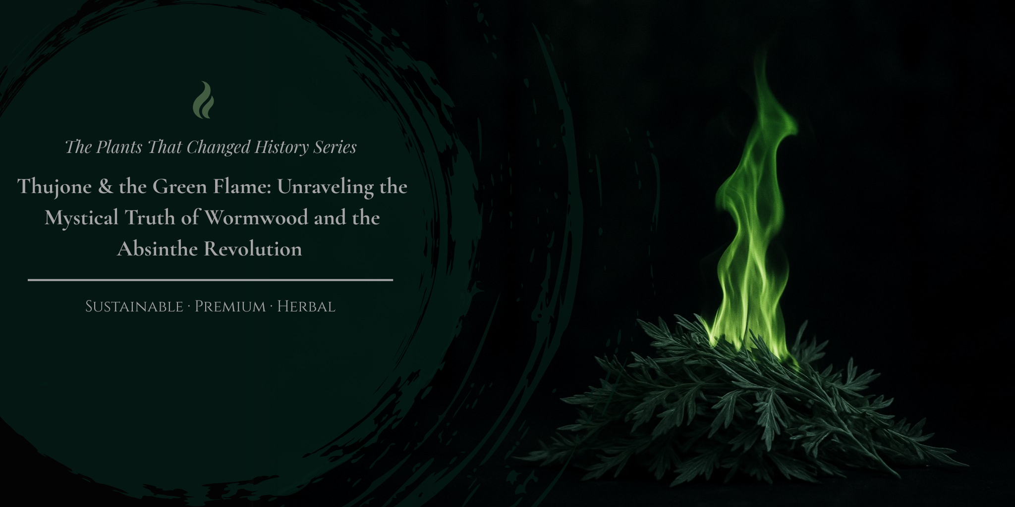 Fresh Wormwood leaves with a surreal green flame rising from the herbal bundle. Represents Thujone’s mystique and the fiery legacy of Absinthe in herbal history.