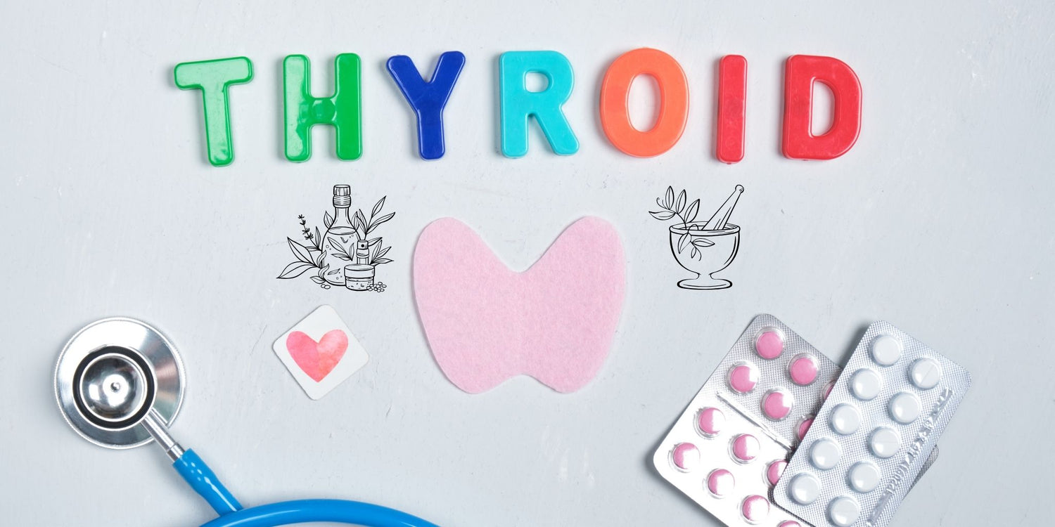 A photo of the words thyroid with images of herbs with pills and a heart that represents the overall wellness of Thyroid support