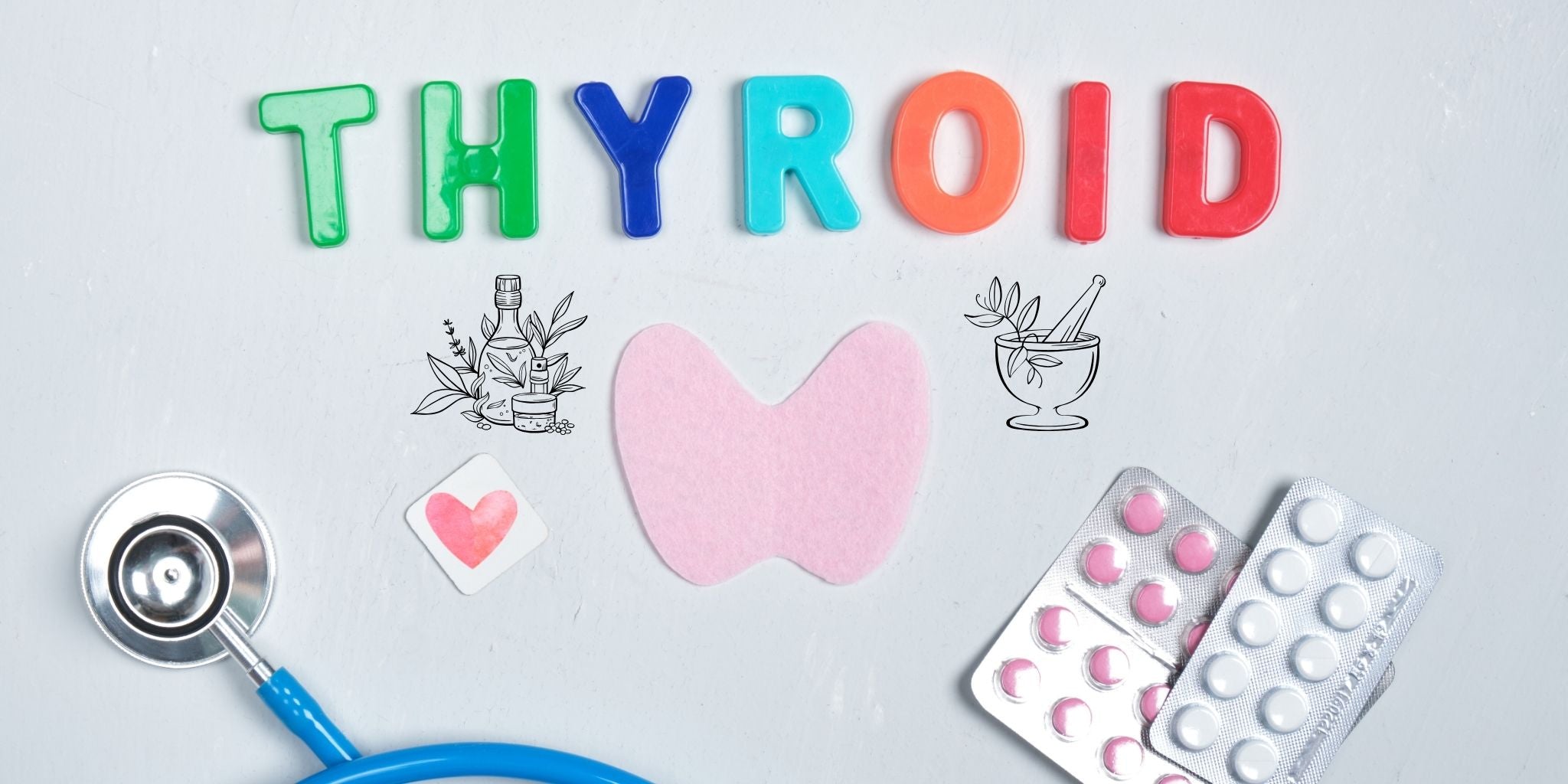 A photo of the words thyroid with images of herbs with pills and a heart that represents the overall wellness of Thyroid support