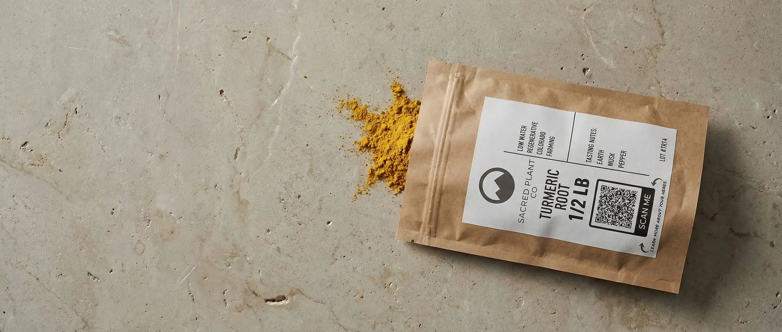 Detailed image of Sacred Plant Co Turmeric spilling from bag. Hero image for natural herbs for nerve regeneration. 