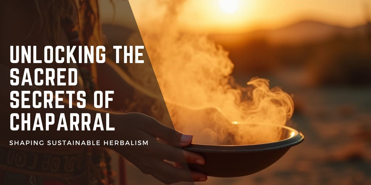 A person dressed in traditional attire holding a smudging bowl with Chaparral leaves, releasing cleansing smoke into the golden desert air. The setting sun casts a warm glow, emphasizing the sacred purification ritual.