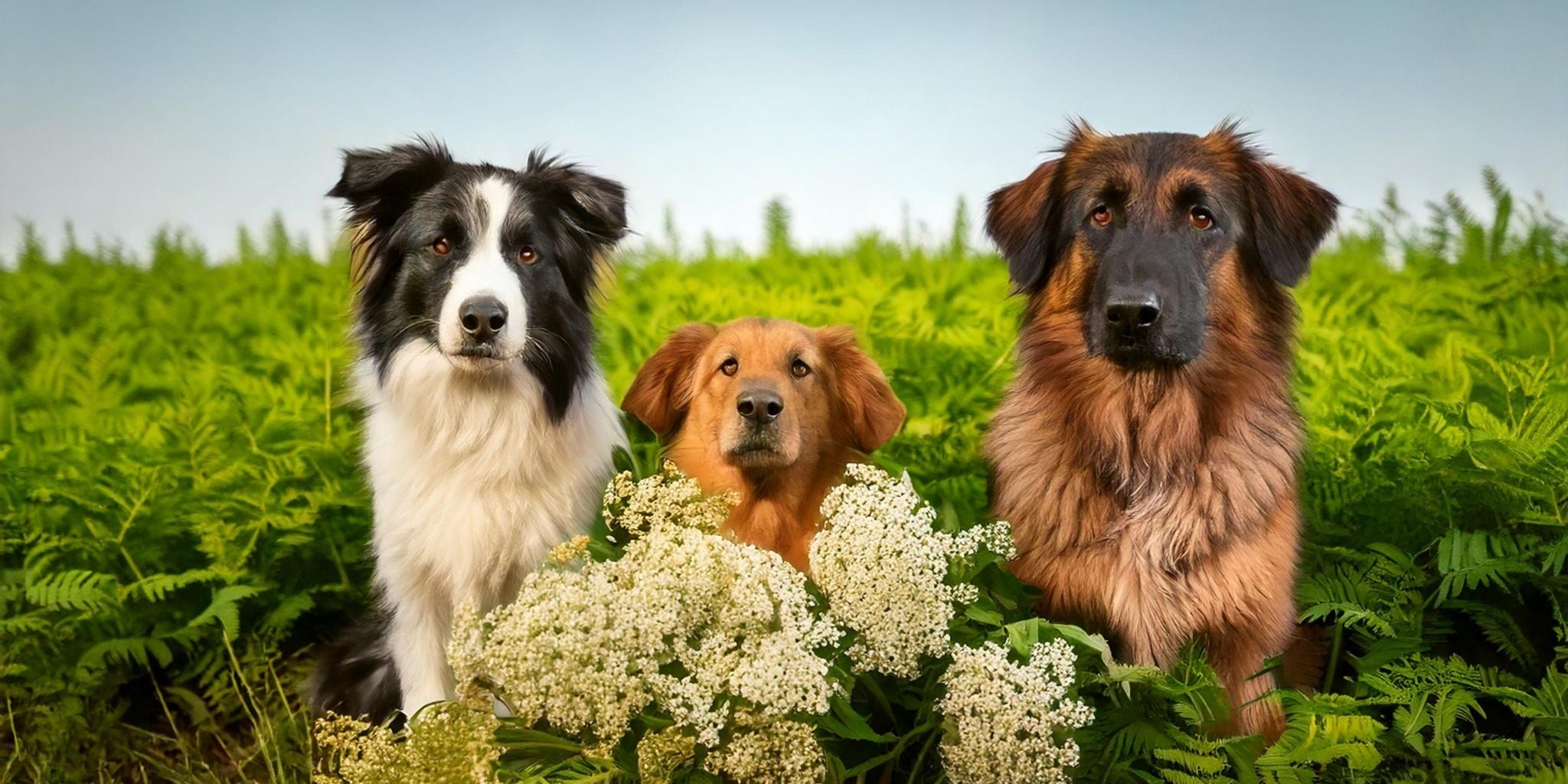 This charming image features three dogs surrounded by lush greenery and delicate white flowers, symbolizing a natural and serene setting.