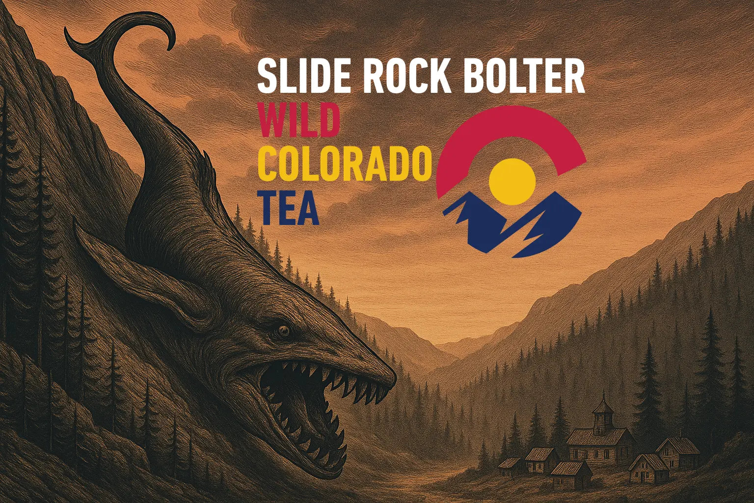 Slide-Rock Bolter, a mythical Colorado creature, sliding down a mountainside at dusk toward a small mining town; hero image for Wild Colorado Tea.