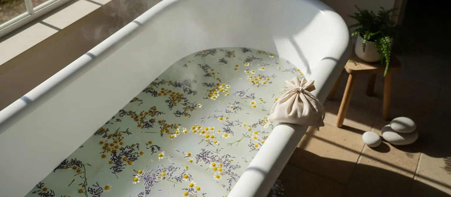 Winter herbal bath with floating lavender and chamomile flowers in white tub with natural light