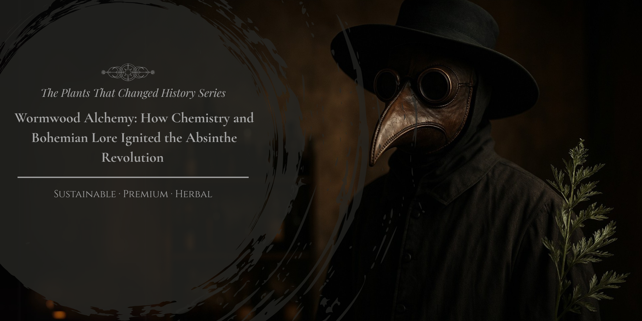 Plague doctor figure holding fresh Wormwood against a moody backdrop. Highlights herbal alchemy, historical mystique, and the botanical roots of the Absinthe Revolution.
