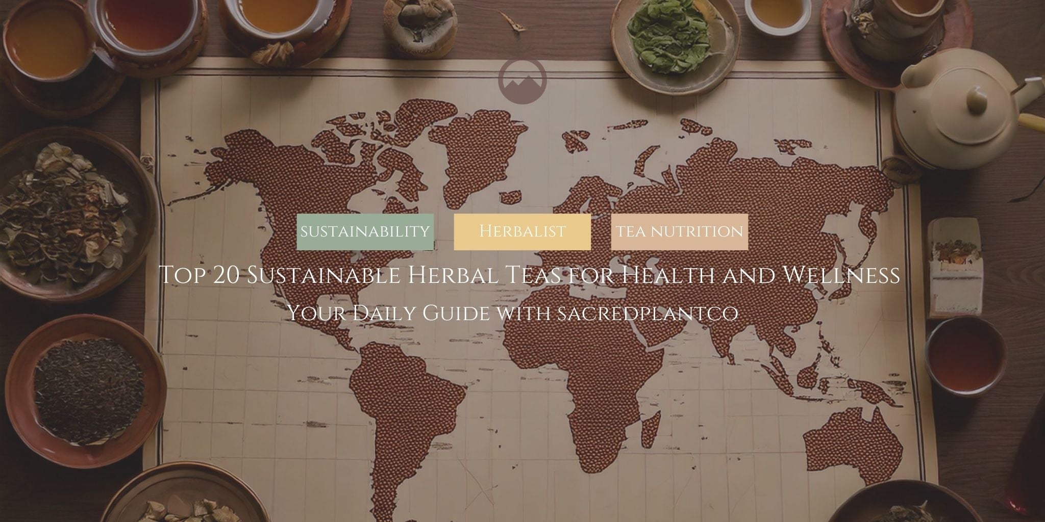 A world map surrounded by various bowls of loose herbal teas and tea cups, highlighting the theme of sustainability and wellness.