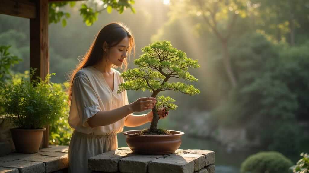 Woman gently shaping a mature bonsai tree on a stone terrace surrounded by lush greenery, with golden morning light filtering through the forest behind her, highlighting the peaceful ritual of bonsai care.
