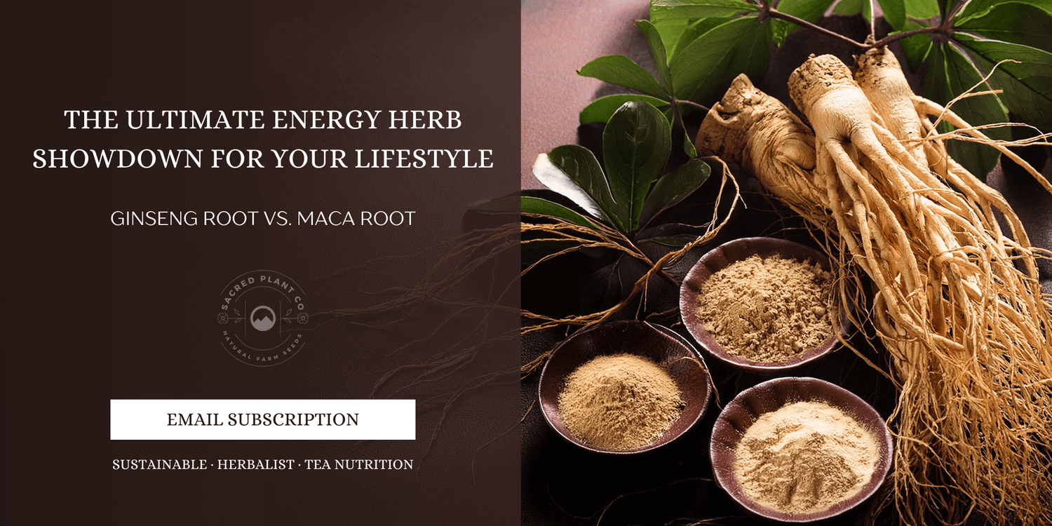 Ginseng root and Maca root powder side by side on a rustic background, highlighting their energy-boosting properties.