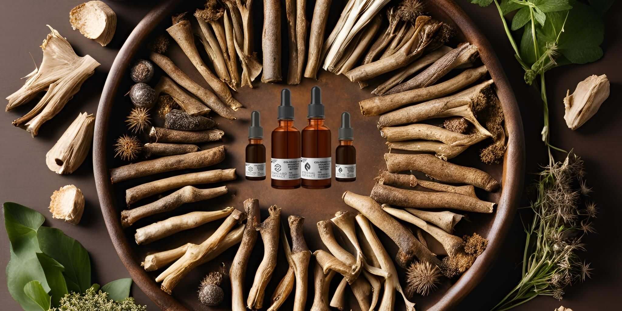 Mountain Bitters root and herbal extracts for Sacred Plant Co's digestive health tonics, featuring Standard and Eternal Extract bottles surrounded by natural herbs on a wooden platter.