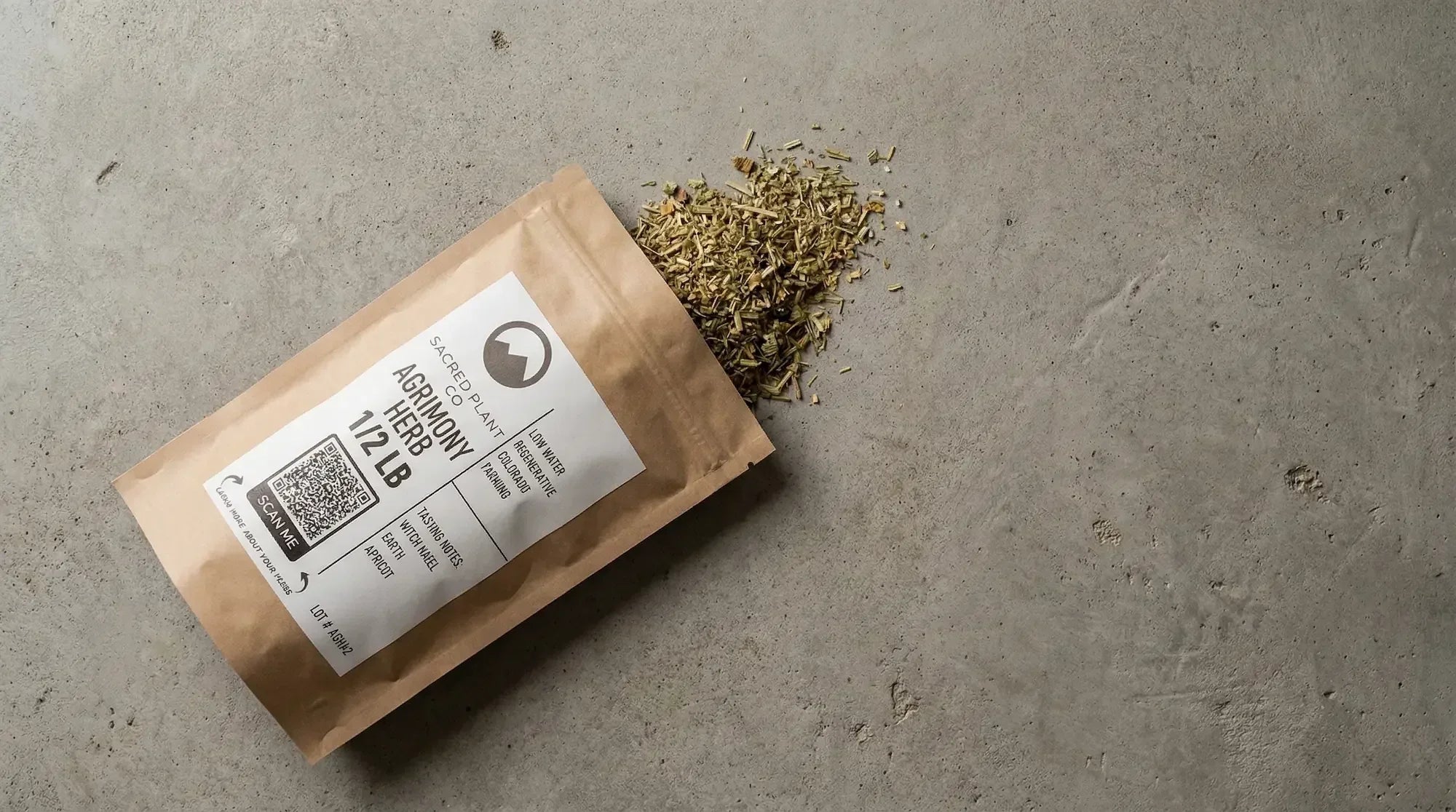 Packaging for regenerative Agrimony herb showing tasting notes of witch hazel, earth, and apricot.