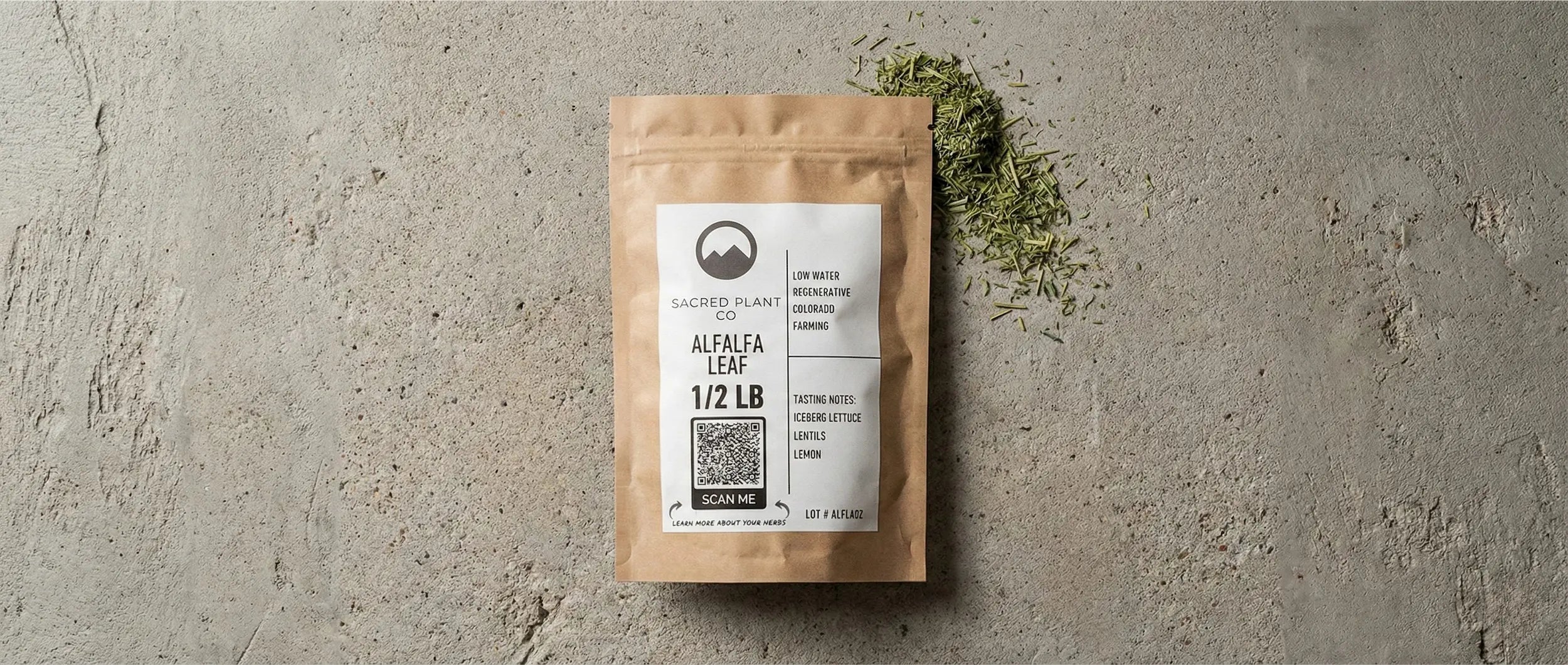Packaging for regenerative Colorado-grown alfalfa leaf, labeled with tasting notes of iceberg lettuce, lentils, and lemon.