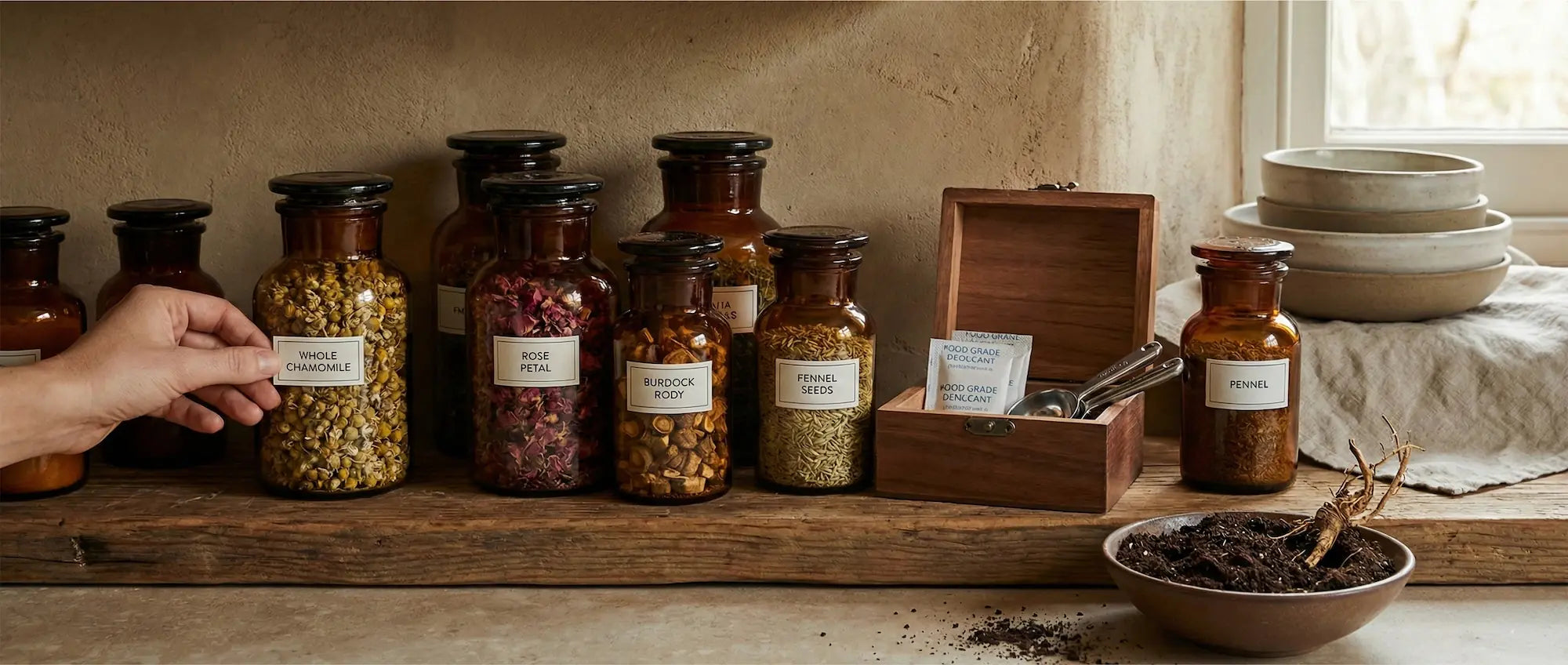 Pantry storage setup featuring labeled amber glass jars and a box of desiccant packs for humidity control.