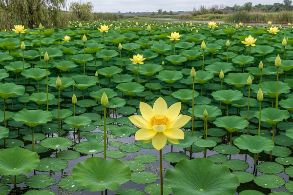 A vast wetland pond densely covered with large, vibrant green circular American Lotus leaves, punctuated by numerous pale yellow Nelumbo lutea flowers blooming above the water's surface.