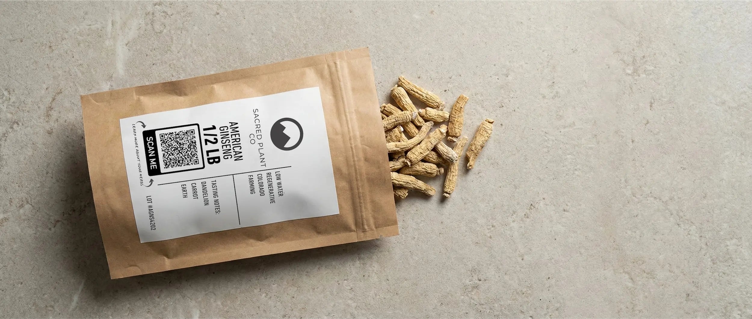 Sacred Plant Co American Ginseng packaging spilling out dried roots, featuring a QR code for soil transparency and harvest data.