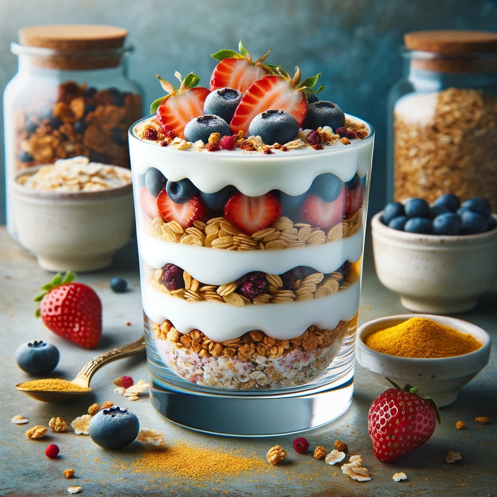 Image of a delicious yogurt parfait with layers of yogurt, granola, fresh fruits, and a sprinkle of Amla powder. The parfait is presented in a clear glass, showcasing its colorful and appetizing layers.