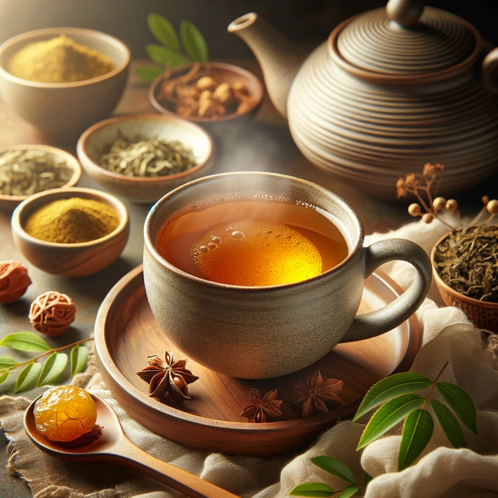 Image of a cup of herbal tea with an infusion of Amla powder, set in a cozy and relaxing table setting. This image captures the essence of a peaceful tea-time ritual, perfect for your blog section on herbal tea infusions with Amla powder.