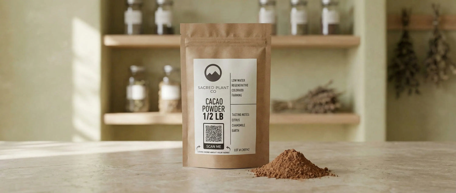 Sacred Plant Co raw cacao powder in a kraft bag with a small mound of cacao powder on a stone counter inside a minimalist herbal apothecary