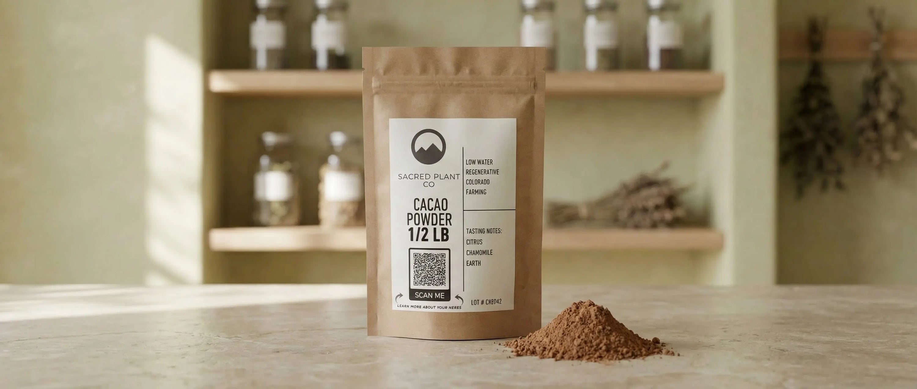 Sacred Plant Co raw cacao powder in a kraft bag with a small mound of cacao powder on a stone counter inside a minimalist herbal apothecary
