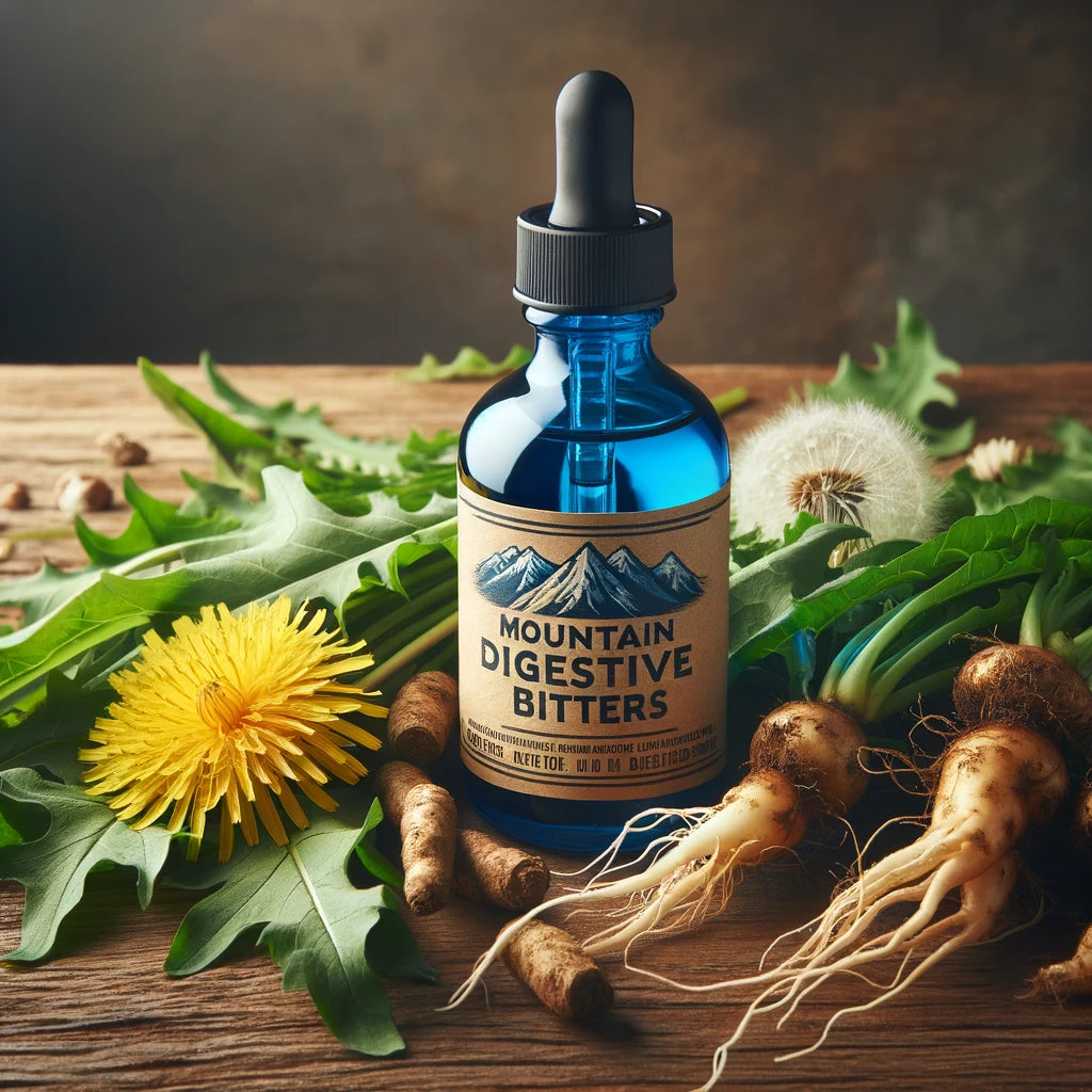 An image featuring a blue glass dropper bottle labeled 'Mountain Digestive Bitters', accompanied by fresh dandelion leaves and roots on a wooden surface, symbolizing the product's herbal composition and connection to nature's healing properties.