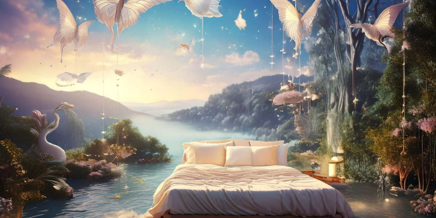 Serene dreamlike setting featuring a cozy white bed placed on a calm, reflective water body surrounded by lush greenery and ethereal elements.