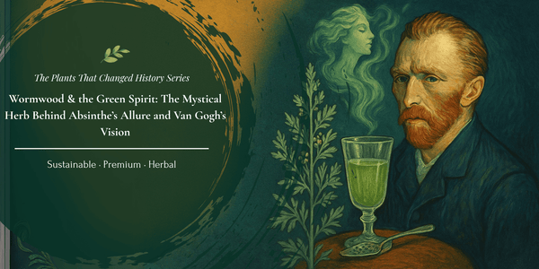 Illustration of Wormwood herb beside a glass of green Absinthe with a mystical green muse and Van Gogh’s portrait. Represents the historical connection between Wormwood, creative vision, and absinthe’s allure.