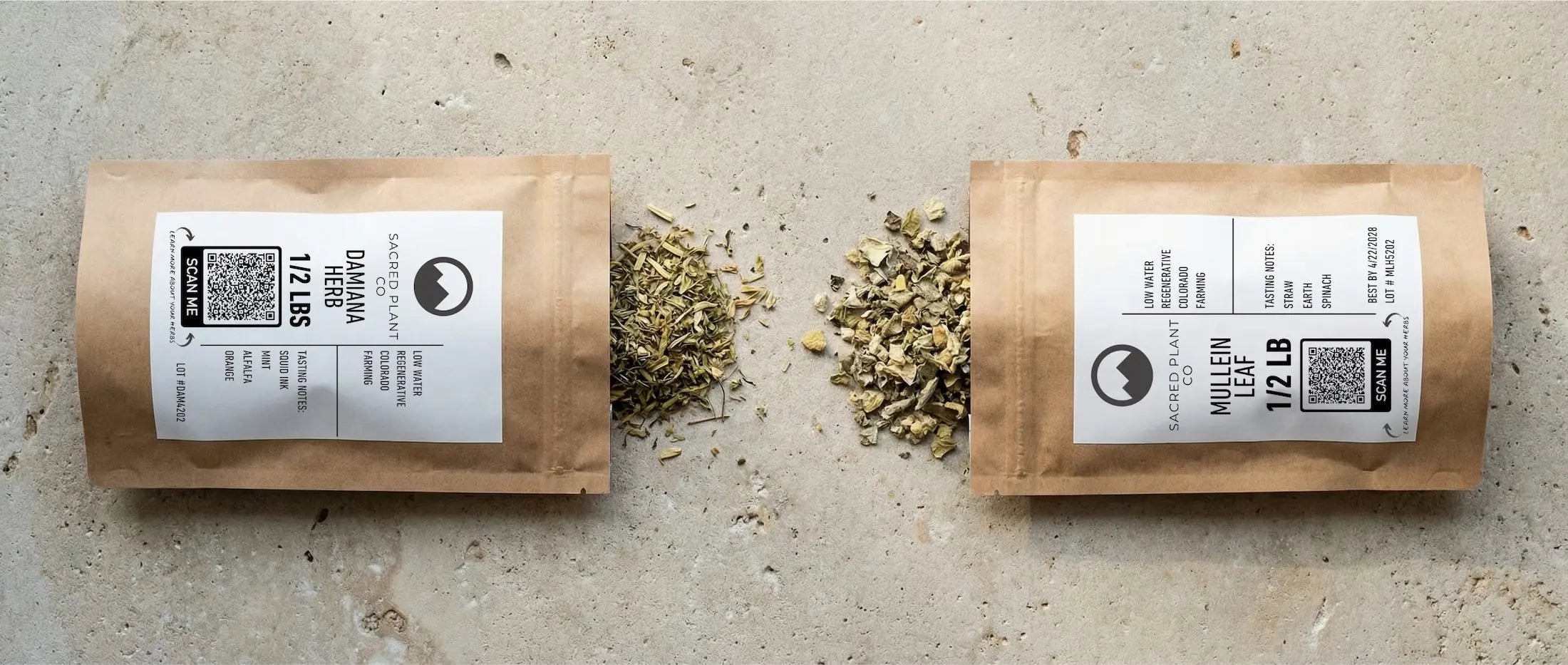 Regeneratively farmed Damiana and Mullein leaf spilling from Sacred Plant Co bags, illustrating the foundation of premium herbal smoking blends.