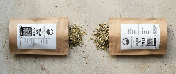 Regeneratively farmed Damiana and Mullein leaf spilling from Sacred Plant Co bags, illustrating the foundation of premium herbal smoking blends.