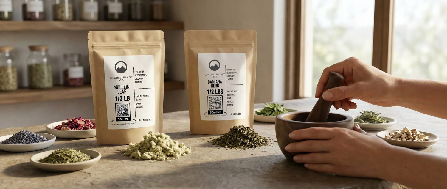 Sacred Plant Co mullein and damiana herbal blend preparation with dried smoking herbs.