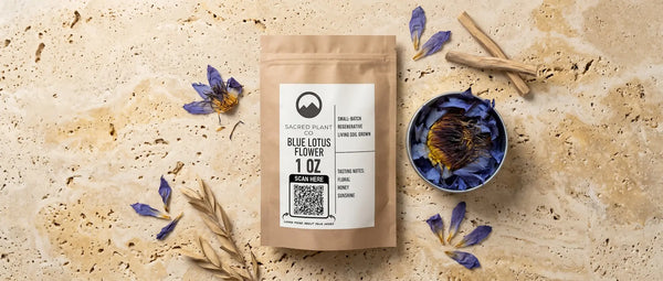 Sacred Plant Co Blue Lotus Flower pouch with loose deep-violet petals and an intact dried bloom head showing careful preservation.