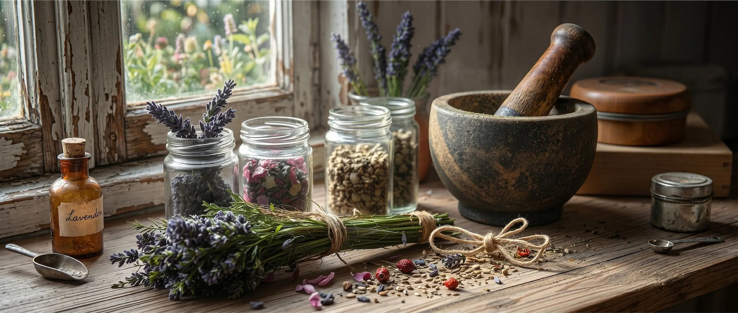 A rustic apothecary setup with jars of dried herbs including lavender, rose petals, and seeds beside a mortar and pestle on a wooden windowsill. 