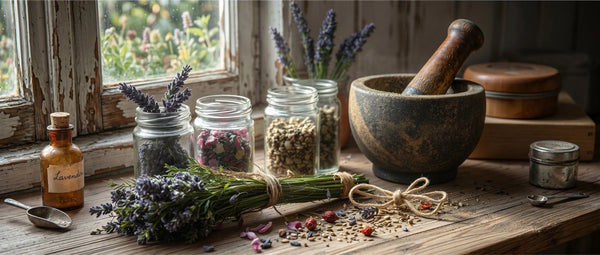A rustic apothecary setup with jars of dried herbs including lavender, rose petals, and seeds beside a mortar and pestle on a wooden windowsill. 