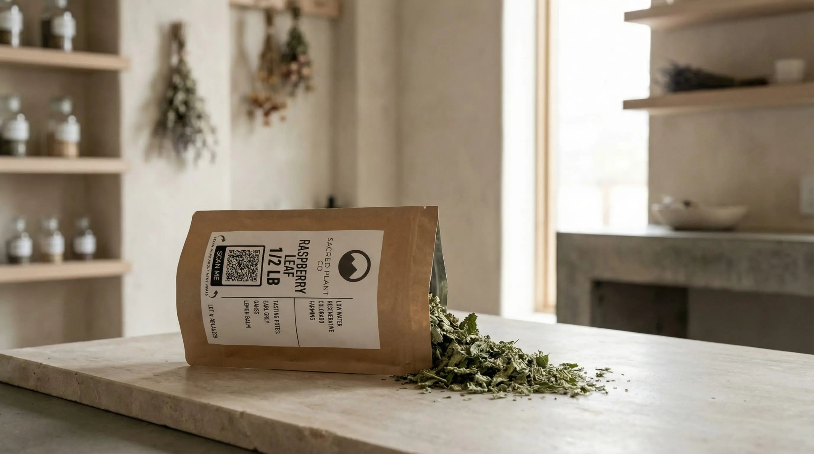 Dried raspberry leaf spilling from Sacred Plant Co kraft packaging onto a stone counter, showing vibrant green leaf structure and high-quality cut-and-sifted texture without dust.