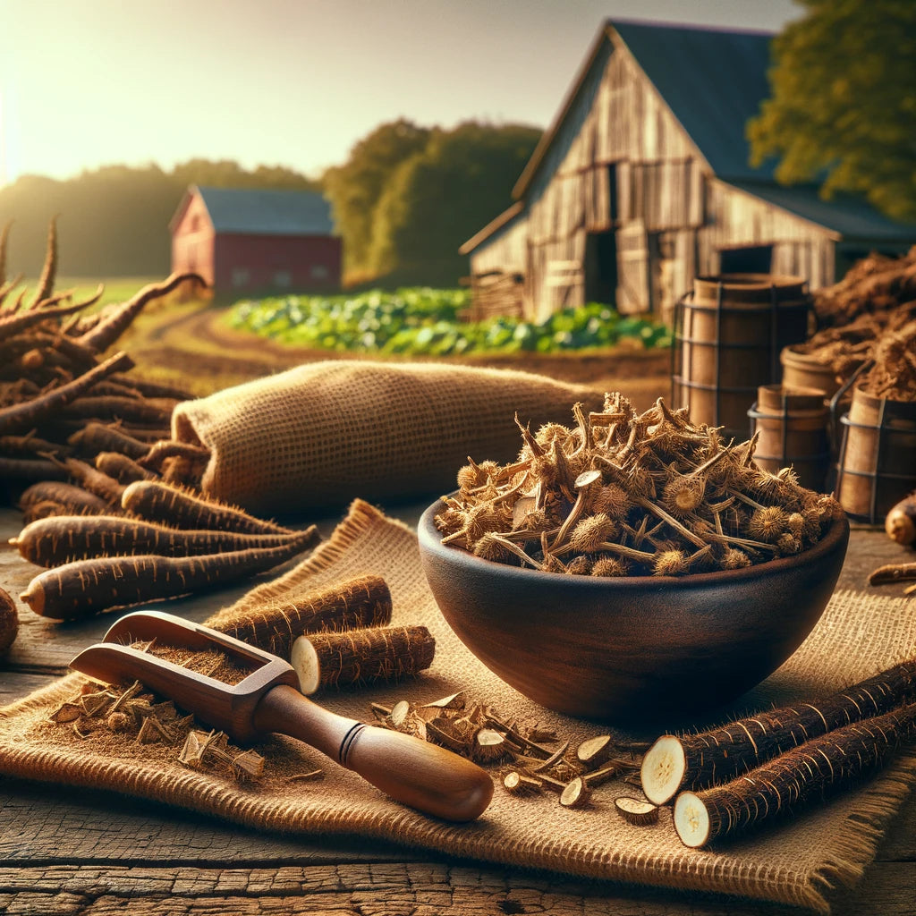A rustic wooden table with a burlap sack or bowl filled with dried, cut, and sifted burdock root. The background features elements of organic farming, including a barn and farmland.