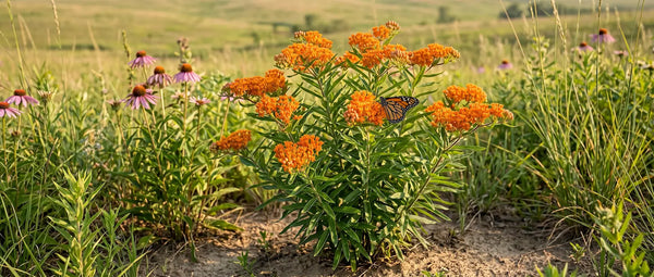 Thriving orange butterfly weed hosts a monarch, illustrating how lean, well-drained soil builds strong taproots and supports pollinators.
