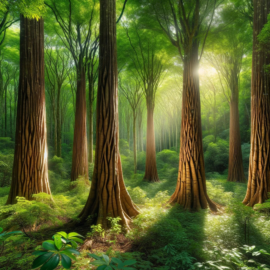 A peaceful forest scene showing tall Cascara Sagrada trees with distinctive bark, sunlight filtering through a lush green canopy, highlighting the trees' unique characteristics in a serene, natural setting