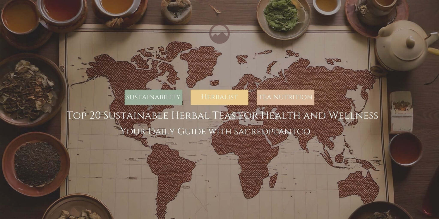 A world map surrounded by various bowls of loose herbal teas and tea cups, highlighting the theme of sustainability and wellness.