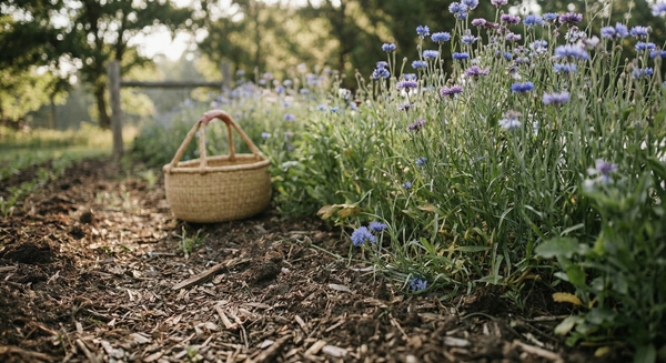 A woven harvest basket resting on a heavily mulched, no-till regenerative garden bed next to blooming tall blue cornflowers (Centaurea cyanus) at I·M·POSSIBLE Farm.
