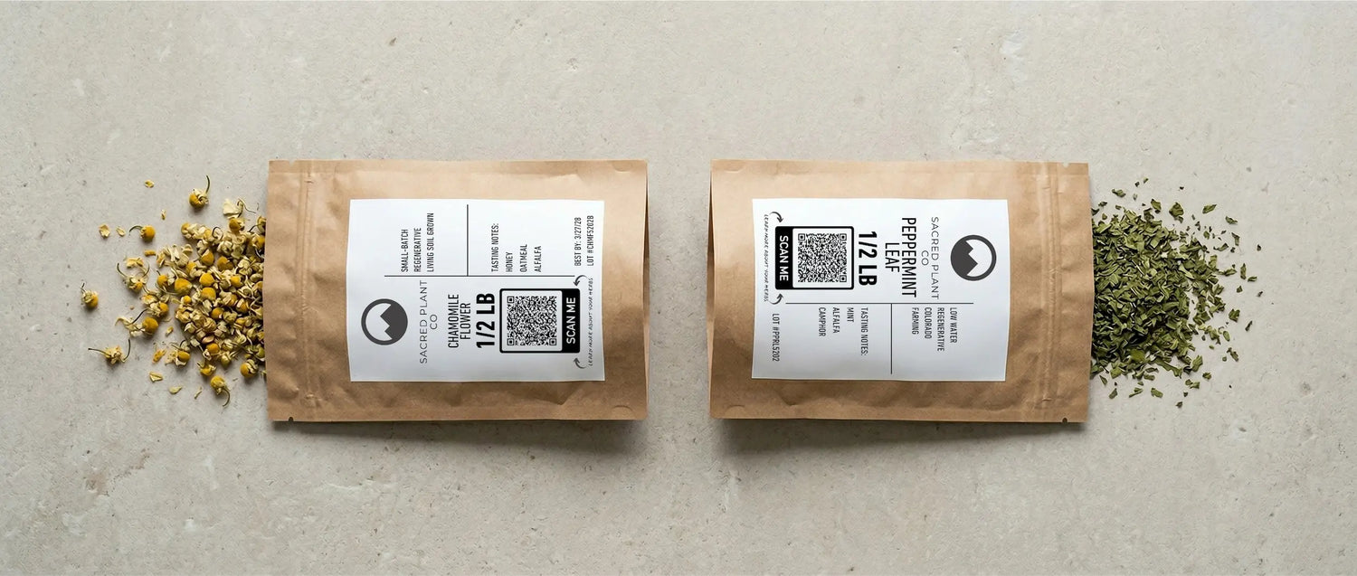 Flat lay of Sacred Plant Co premium loose leaf herbs featuring golden chamomile flowers and bright green peppermint leaf in half-pound kraft pouches with regenerative farming labels.