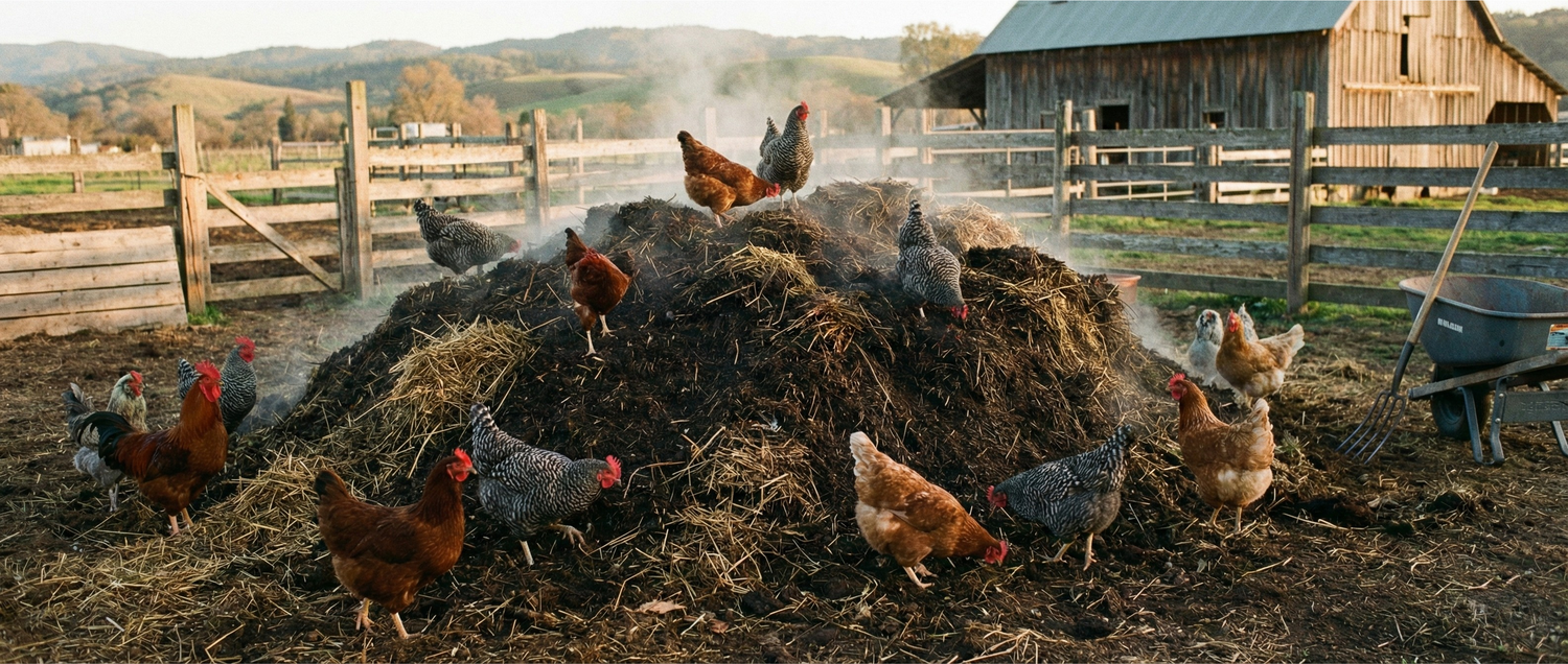 Chickens aerating a steaming compost pile to accelerate decomposition and nitrogen cycling in a regenerative farming system.
