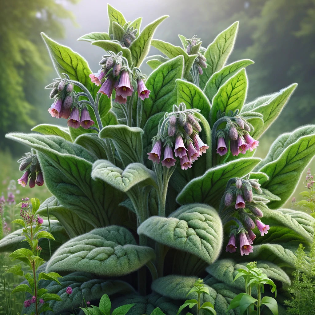 An image showing the Comfrey plant in a natural setting, highlighting its broad, fuzzy leaves and clusters of purple or pink flowers.