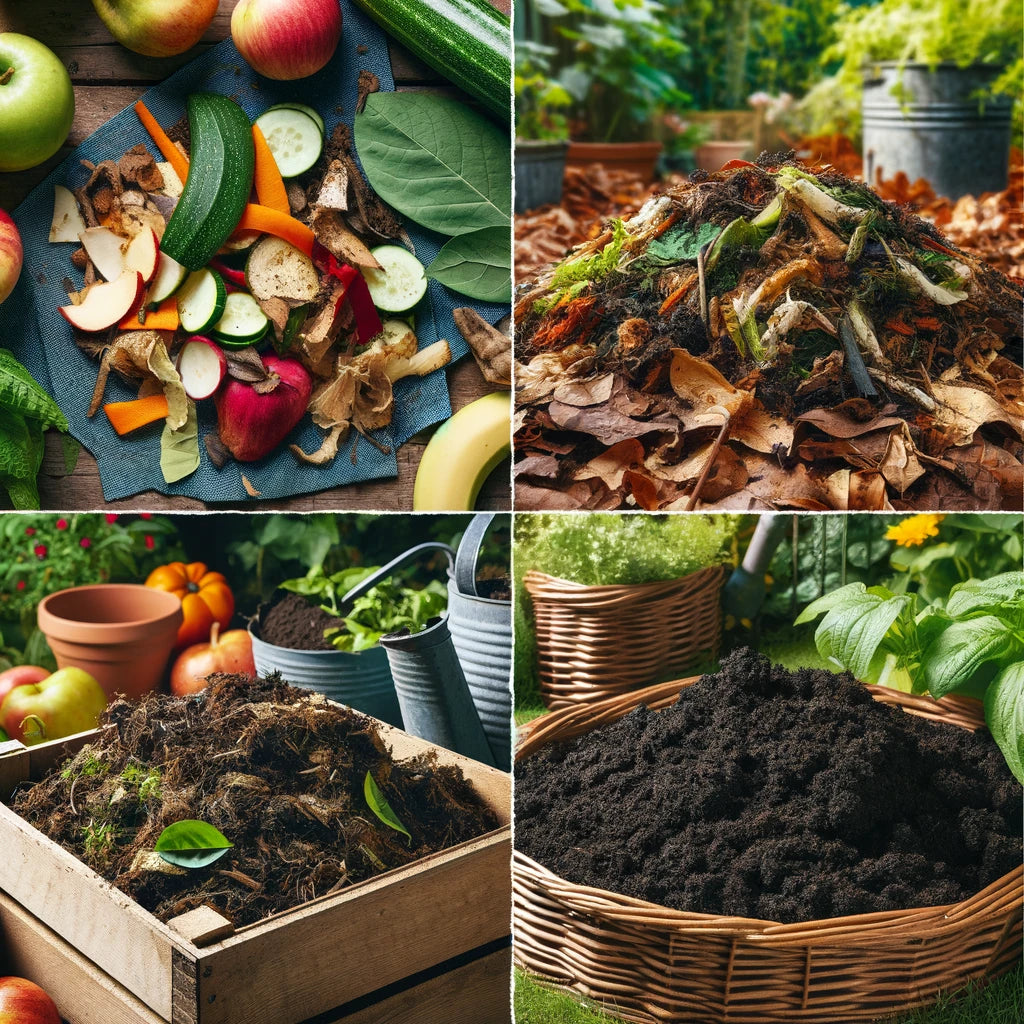 Image depicting various stages of compost decomposition, illustrating the transformation from fresh kitchen scraps to fully decomposed compost