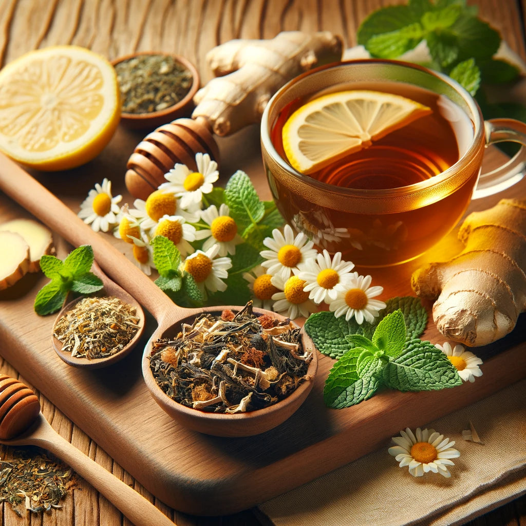 Images depicting the ingredients for a tea elixir with Cramp Bark, including tablespoons of the bark and teaspoons of Chamomile, Peppermint, and Ginger, arranged invitingly with a cup of steaming tea, honey, and a slice of lemon on a wooden surface.