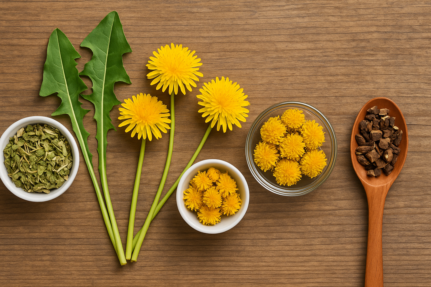 Dried dandelion root, leaf, and whole flower heads with fresh dandelion on wood background.