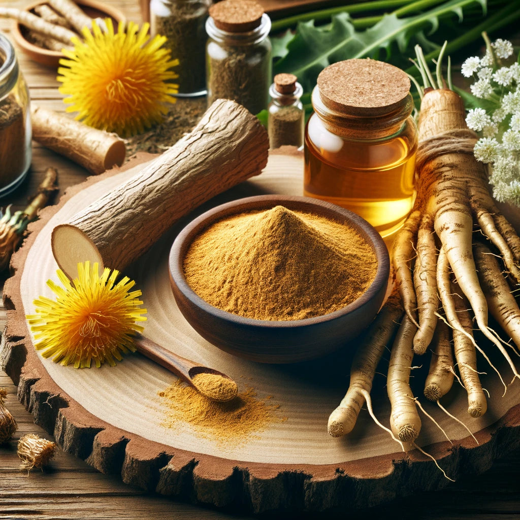Image of dandelion root powder in a wooden bowl, surrounded by natural dandelion roots and flowers on a rustic surface, capturing the organic essence and potential wellness benefits of the herb.