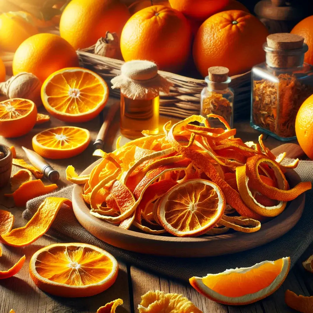 Vibrant Orange Peel and whole oranges on a wooden surface, highlighting the citrus's culinary versatility and zestful fragrance.