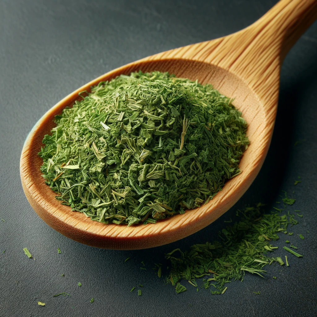 Bright green, natural-looking dried dill weed resting in a wooden spoon, emphasizing its freshness and culinary use.