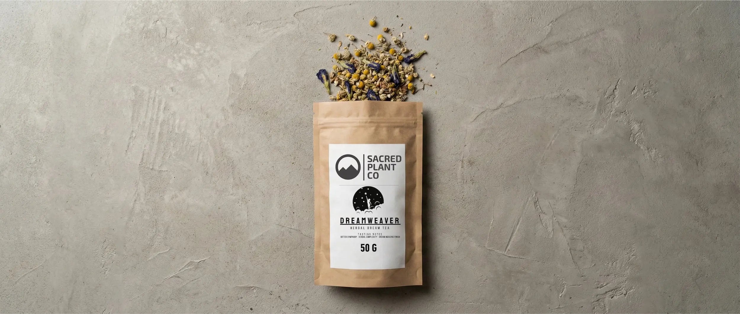 Open pouch of Dreamweaver tea spilling dried Chamomile and Calea leaves, showcasing the raw botanical quality required for effective dream work.